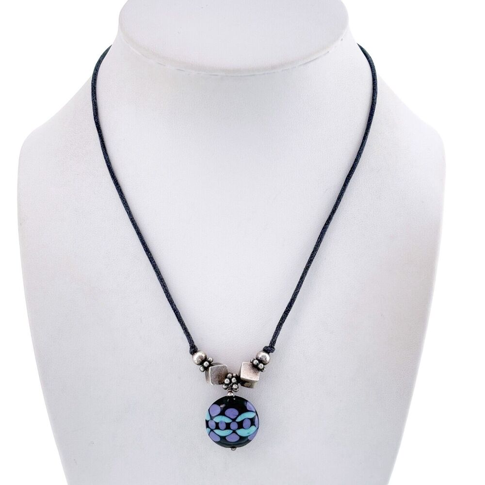 Vintage Sterling Silver 925 Blue Black Glass Pendant Corded Necklace 16"